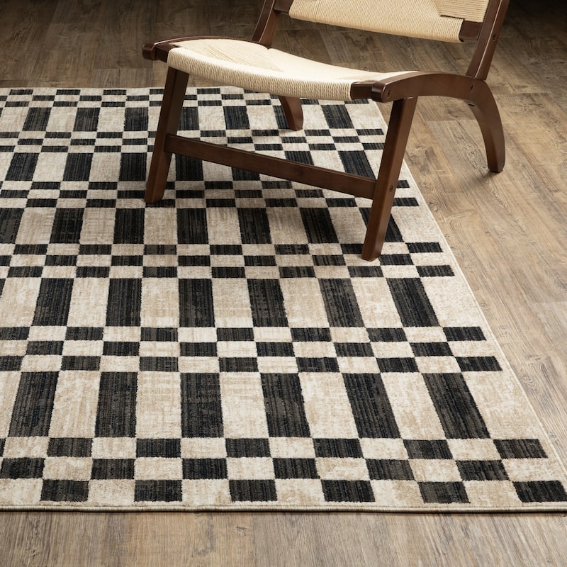 Hansel Blocks and Stripes Beige/ Black Area Rug - 2'3" x 7'6"