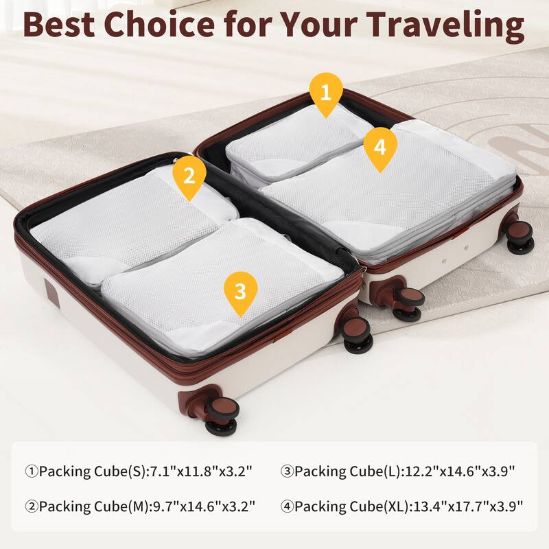 4 Piece ABS Expanable Spinner Wheels Lightweight Luggage Set w/TSA Lock and Compression Packing Cubes