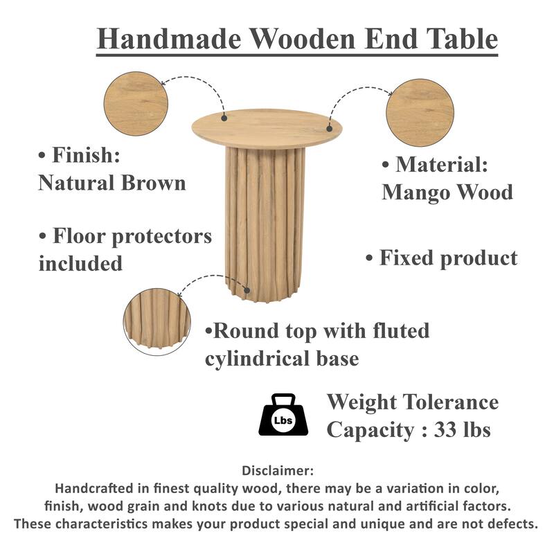 Sejo Side End Table 20 Inch Round Top with Fluted Base in Natural Brown Mango Wood