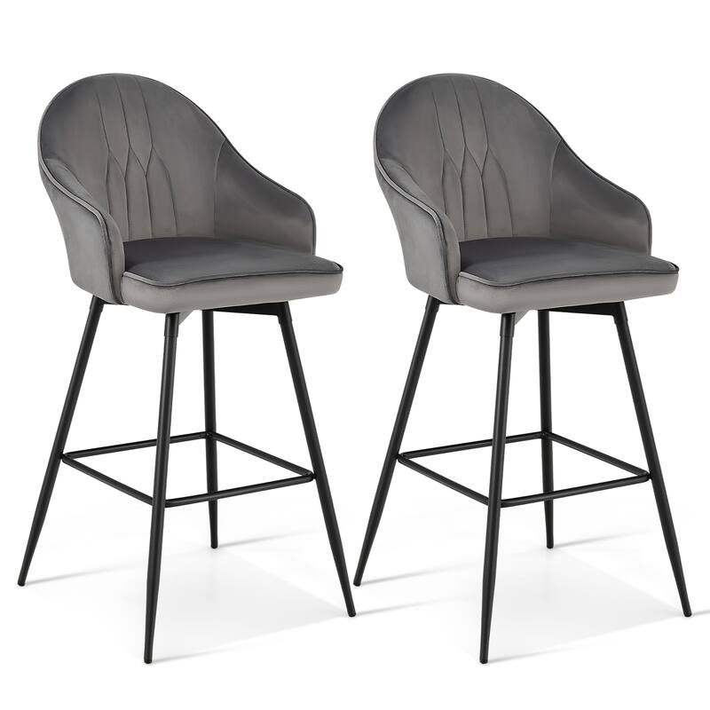 Set of 2 Bar Stools Swivel Velvet Upholstery Bar Chairs w Steel Legs - Grey