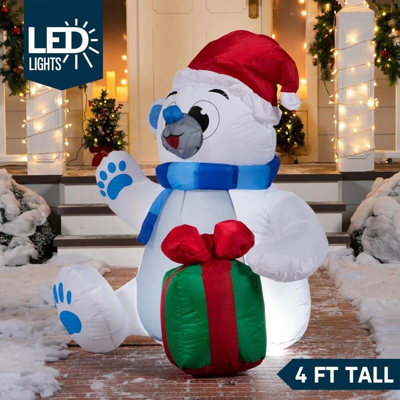 Joyfy 4-ft Christmas Inflatable Polar Bear with Gift - White and Blue