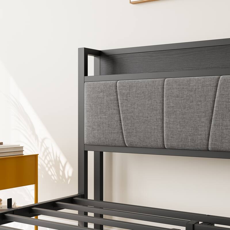 Grey Metal & Wood Full Platform Bed Frame with Storage Headboard and Charging Station