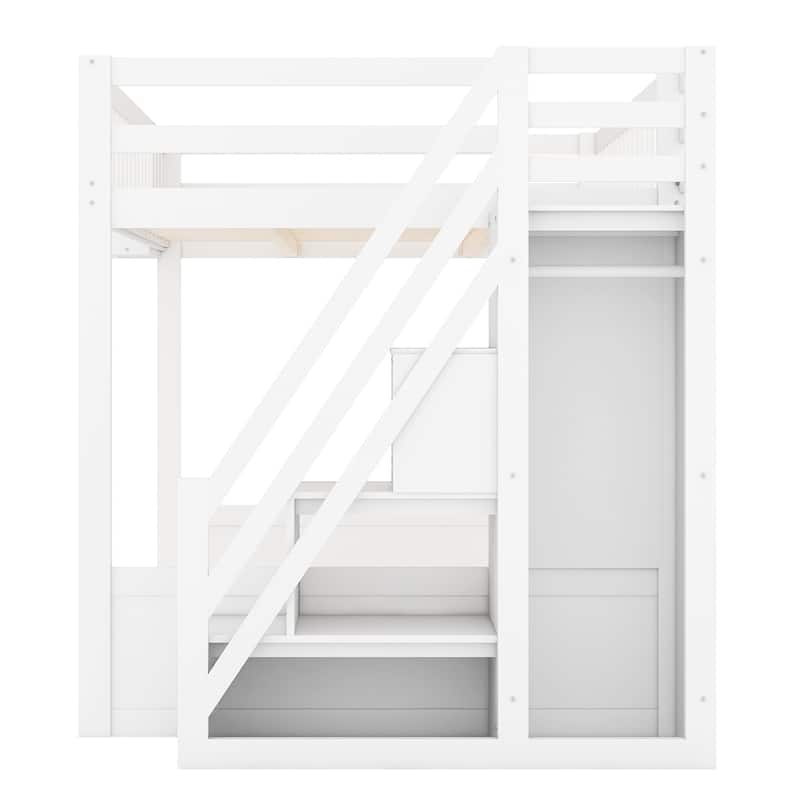GDFStudio - StoreStep Modern Wooden Queen Loft Bed with Staircase, Wardrobe and Storage Shelves