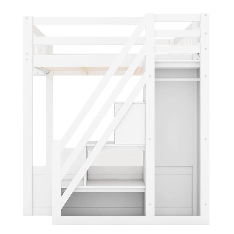Roomfitters Queen Size Loft Bed with Wardrobe, Storage Staircase and Shelves