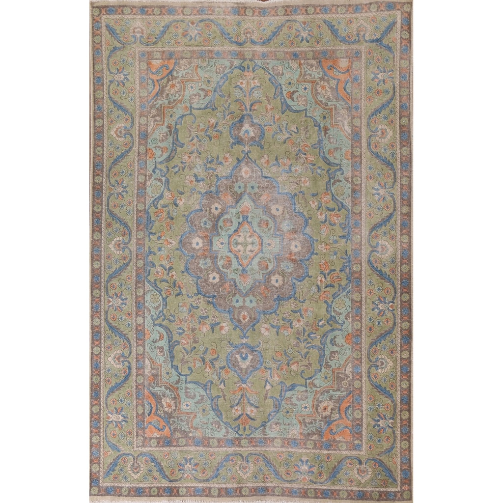 Hand Knotted Oriental 100% Wool Carpet Traditional Medallion Green Tabriz Area Rug - 9' 5'' X 6' 7''