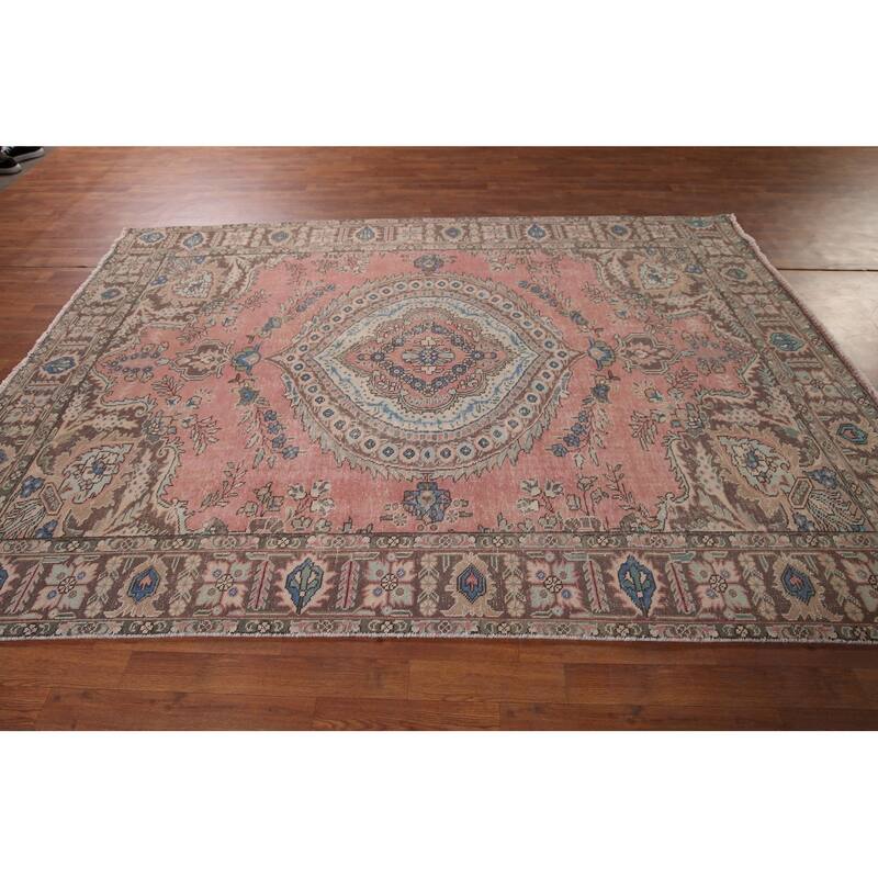 Pink Tabriz Vintage Persian Area Rug Hand-Knotted Wool Carpet - 6'8" x 9'9"