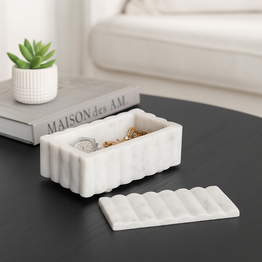 Decorative Rectangular Marble Ridged Box with Removeable Lid - 7"