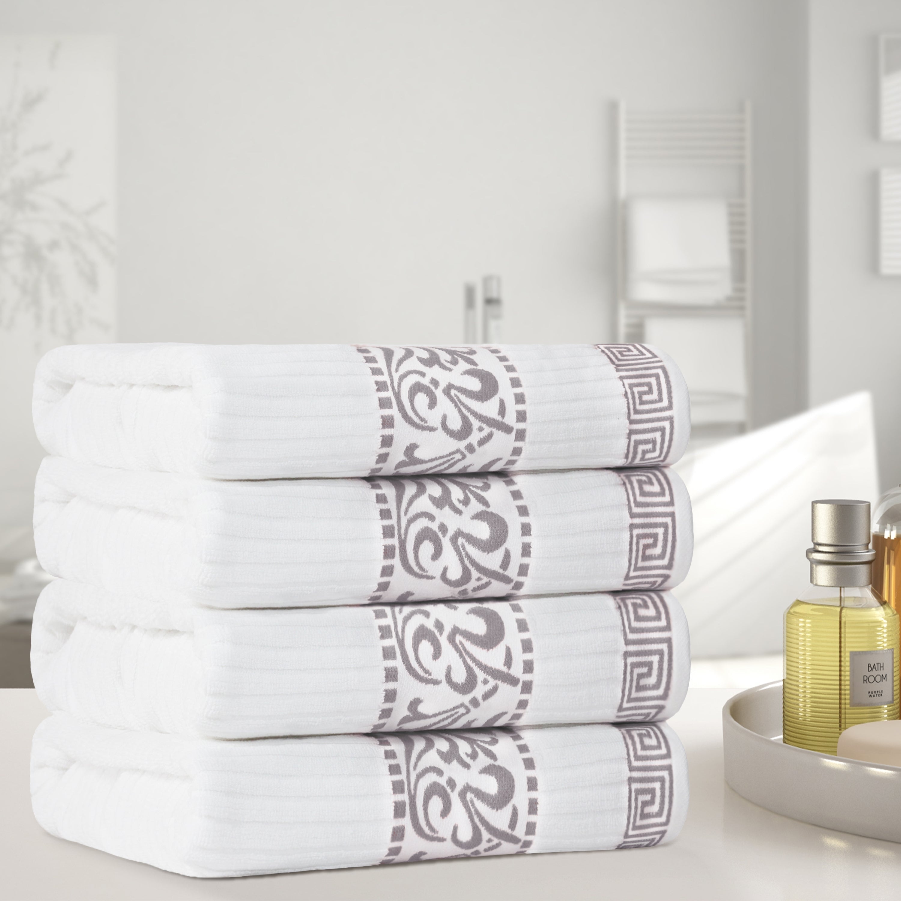 Superior Athens Cotton Floral Border Greek Key Bath Towel Set of 4
