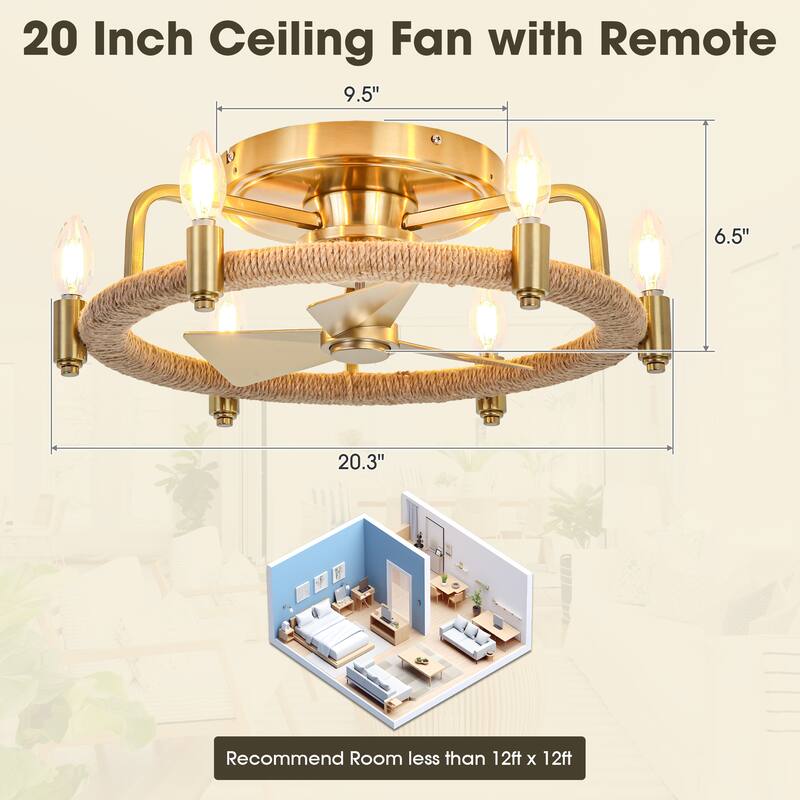 20" Gold Farmhouse Hemp Rope Low Profile Ceiling Fan with Light and Remote - 20.3 in. W × 6.5 in. H