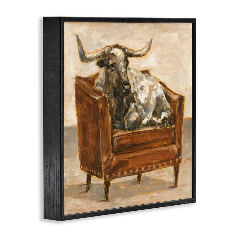 Stupell Brown Bull Resting in Orange Brown Chair Painting Framed Wall Art
