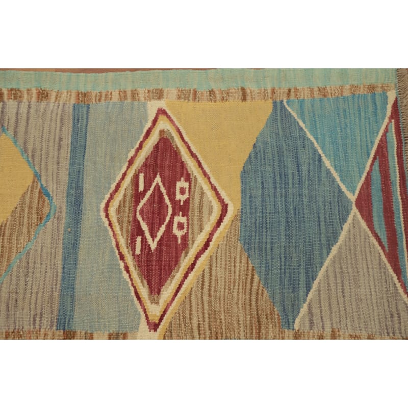 Hand Woven Oriental 100% Wool Carpet Southwestern Geometric Multi-Colored Kilim Area Rug - 4' 0'' X 2' 0''