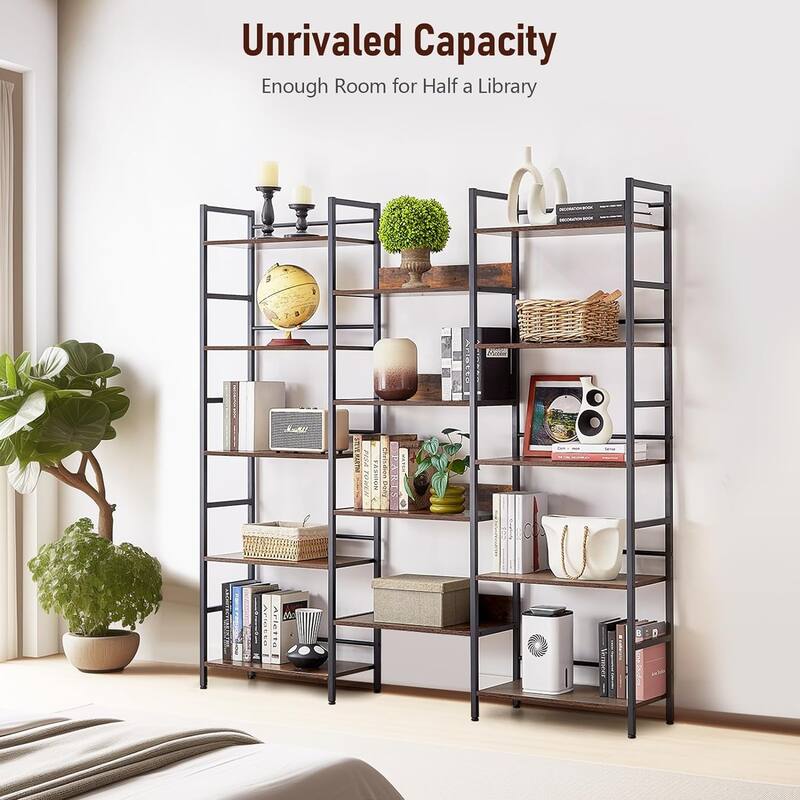 5 Tier Bookshelf Triple Wide Industrial Bookshelves and Bookcases, Large Open Display Shelf
