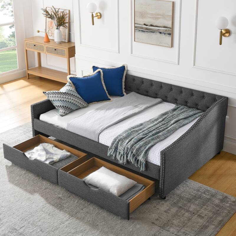 Anmytek Tufted Daybed with Storage Drawers Twin Size Upholstered Sleeper Modern Guest Bed for Small Spaces