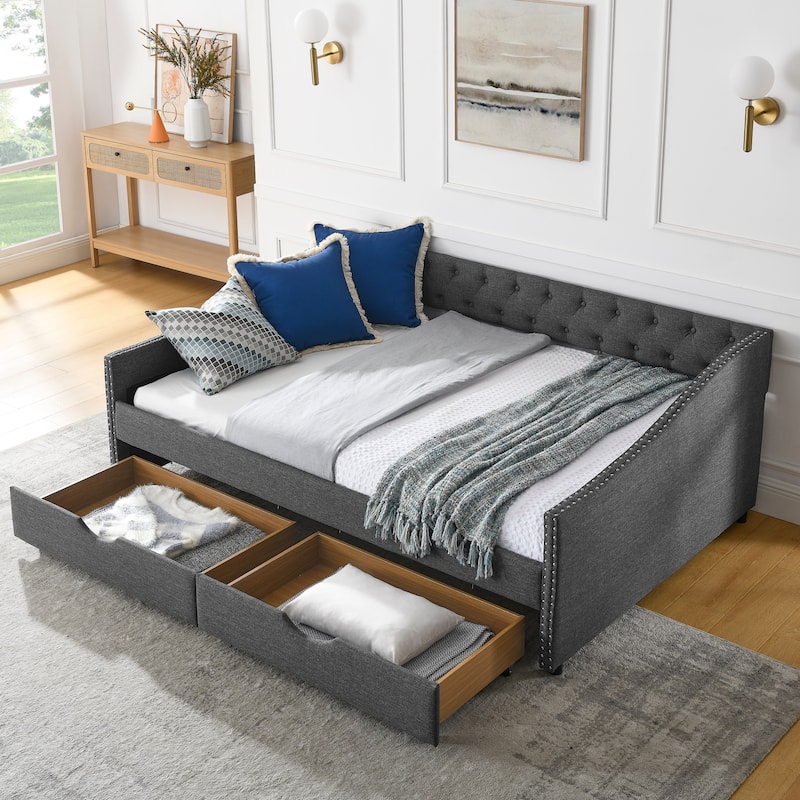 Full Size Daybed with Drawers Upholstered Tufted Sofa Bed with Waved Shape Arms