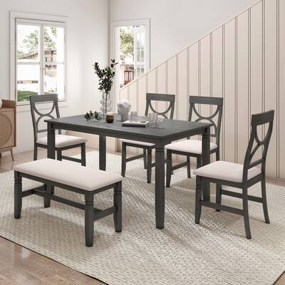 6-Piece Wood Dining Table Set with Bench and 4 Chairs