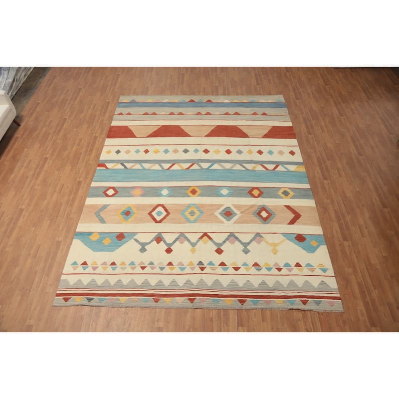 Hand Woven Oriental 100% Wool Carpet Southwestern Tribal Beige & Ivories Kilim Area Rug - 12' 10'' X 10' 0''
