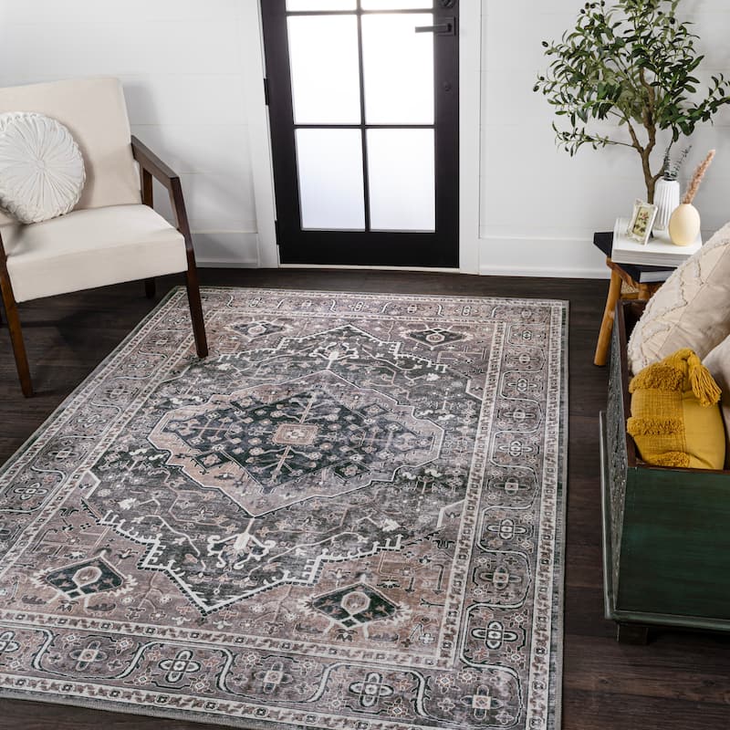 JONATHAN Y Kemer Ogee Medallion Machine Washable Area Rug - 8 X 10 - Dark Green/Dark Beige