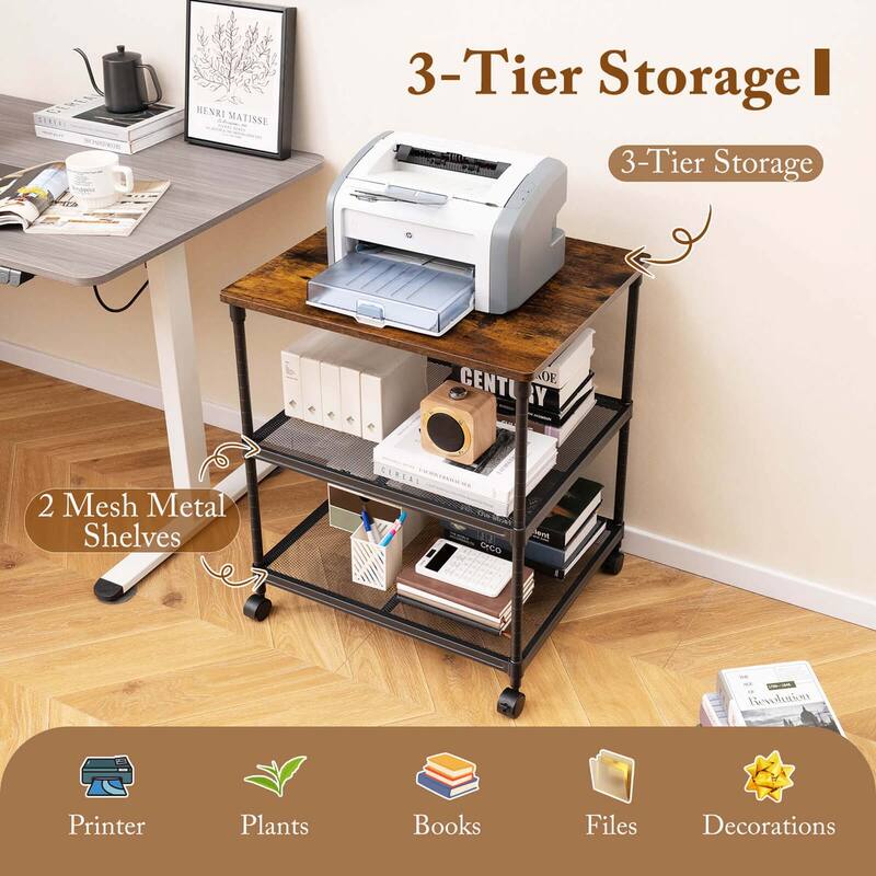 Costway 3-Tier Printer Stand Rolling Fax Cart with Adjustable Shelf & - See Details