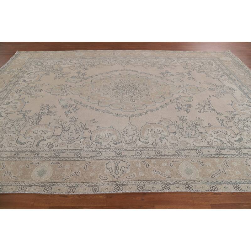 Hand Knotted Oriental 100% Wool Carpet Traditional Medallion Beige & Ivories Tabriz Area Rug - 11' 2'' X 8' 1''
