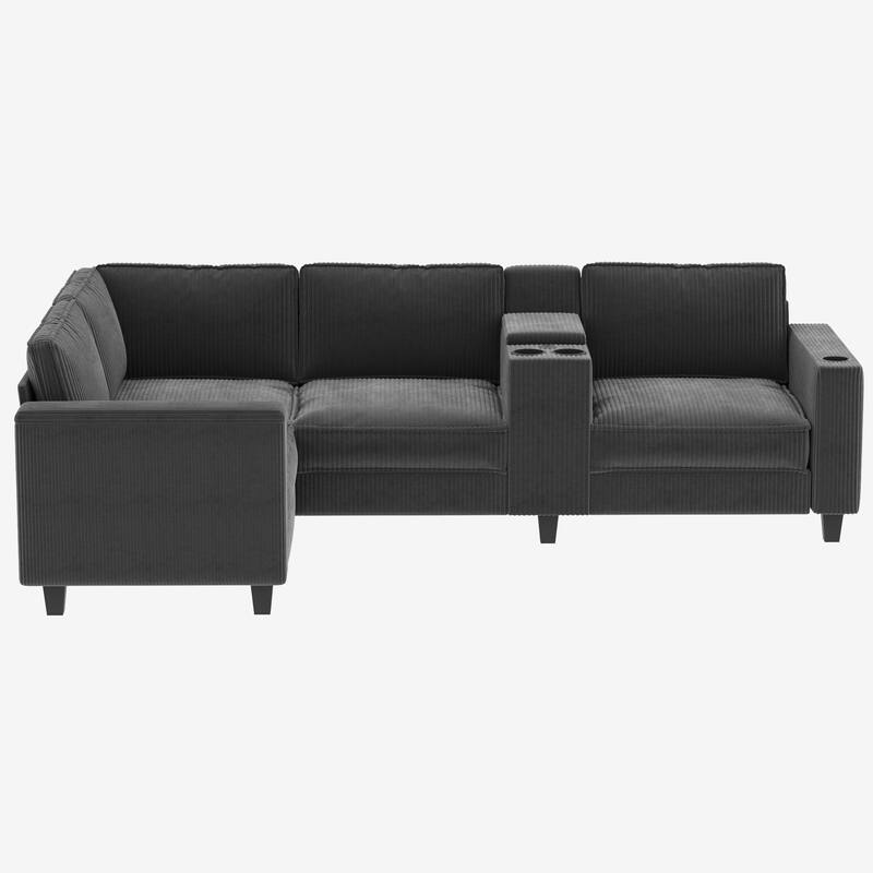 105" L-Shaped Corduroy Sectional Sofa with Storage Armrests and Console, 4-Seater Convertible Couch with USB charging