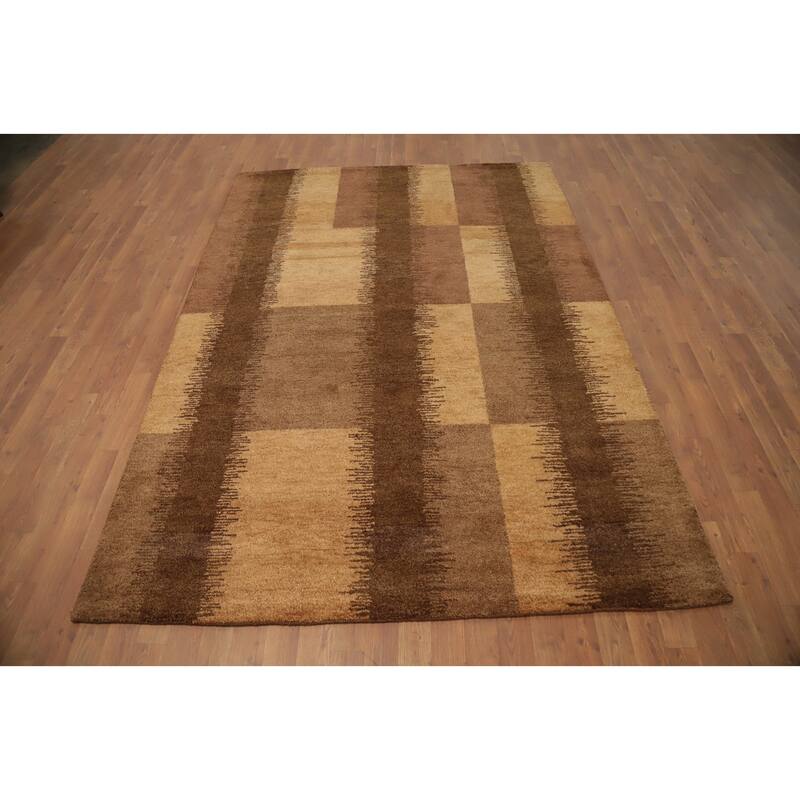 Hand Knotted Oriental 100% Wool Carpet Modern Geometric Brown Gabbeh Area Rug - 7' 11'' X 5' 8''