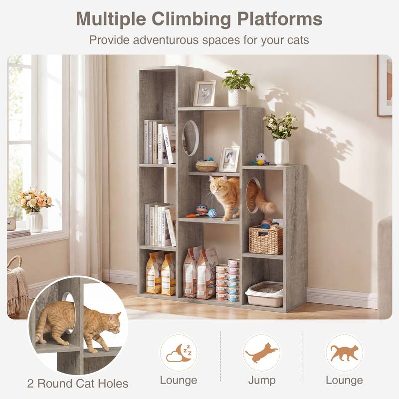 Gymax Modern Cat Bookshelf w/ 2 Round Holes Anti-Tipping Device for