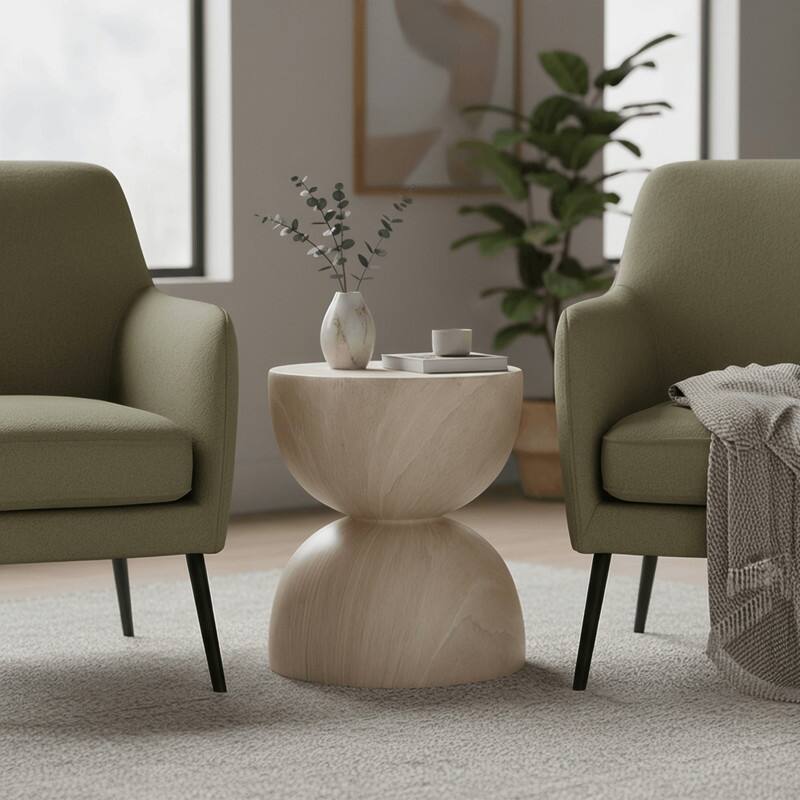 Sage 16-Inch Round Side Table in Fiberstone for Indoor and Outdoor Modern Weather Resistant End Table Hourglass Design