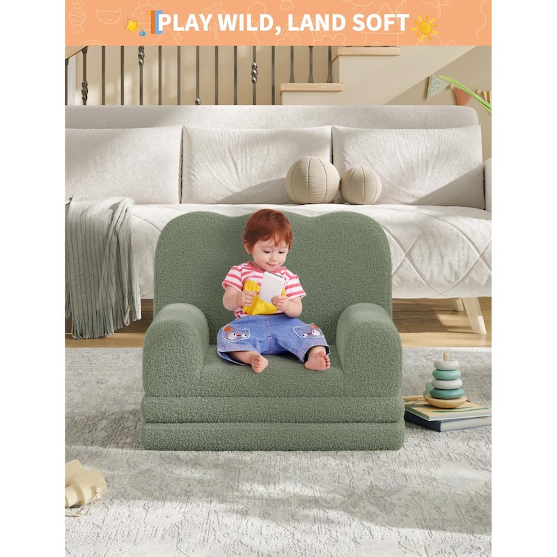 Kids Couch, 2-in-1 Convertible Teddy Fleece Fabric Toddler Sofa Chair