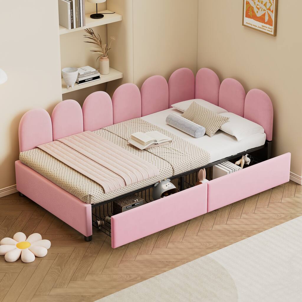 Velvet Upholstered Platform Bed with 2 Drawers, Twin Size Pink