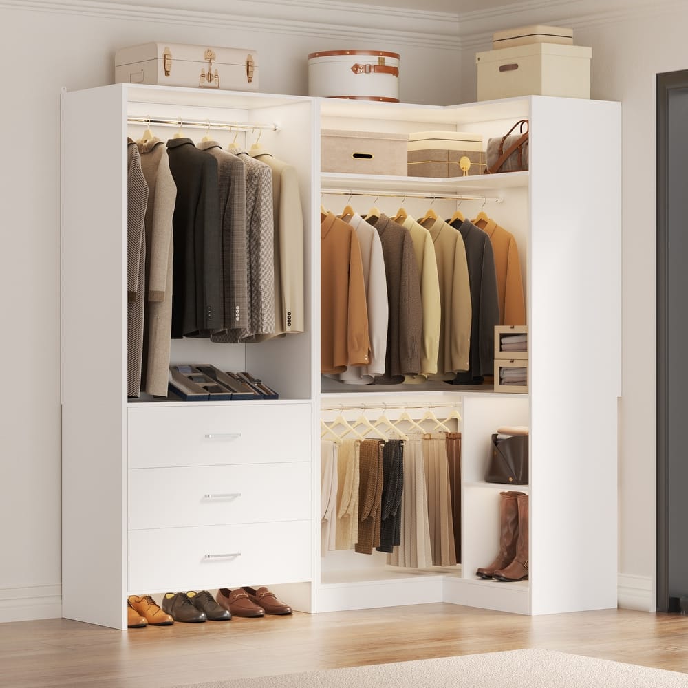 Set of 2 Freestanding Corner Closet Organizer with Drawers, Walk-in Closet System with Hanging Rods