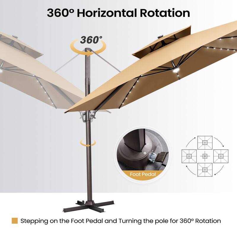 11FT Patio Cantilever Umbrella LED Lights Double Top Umbrella with 4-Piece Fillable Weighted Base