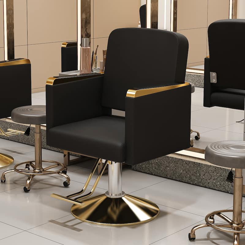 Roomfitters Hydraulic Salon Chair with 360° Swivel, Heavy Duty Barber Stylist Chair with Non-Tilting Gold Base, Black and Gold