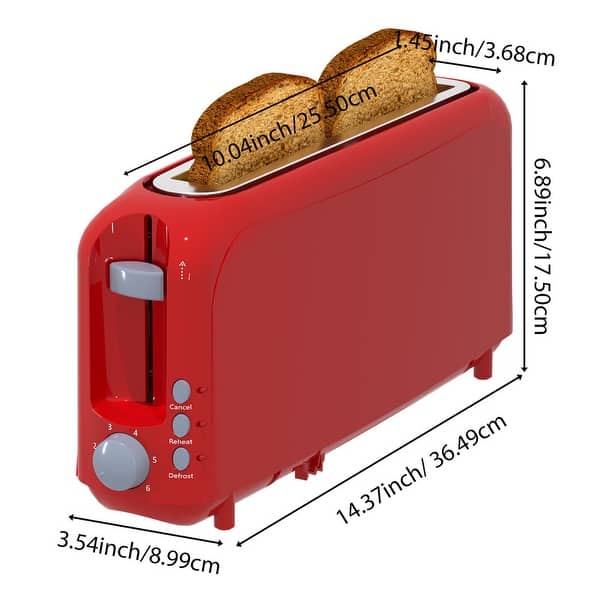 dimension image slide 3 of 6, 2-Slice Slim Toaster: 10" Slot, 6 Shades, Cancel/Reheat/Defrost, Removable Tray, Auto Shut-Off.