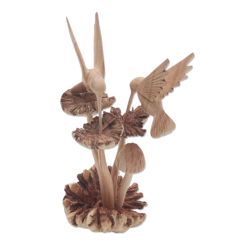 Novica Handmade Hummingbirds And Mushrooms Wood Sculpture