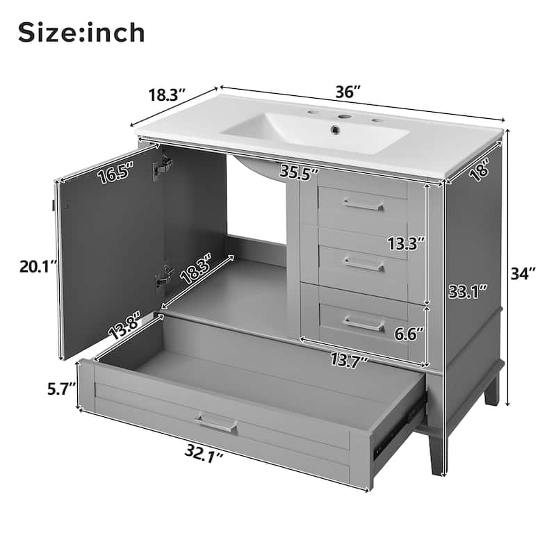 36" Bathroom Vanity with Ceramic Sink, Solid Pine Frame, Soft-Close Door & 3 Drawers - Modern Freestanding Cabinet