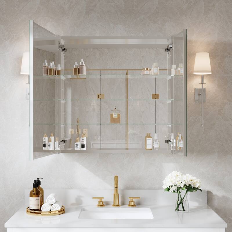 Recessed or Surface Wall Mount Bathroom Medicine Cabinet With Adjustable Glass Shelves