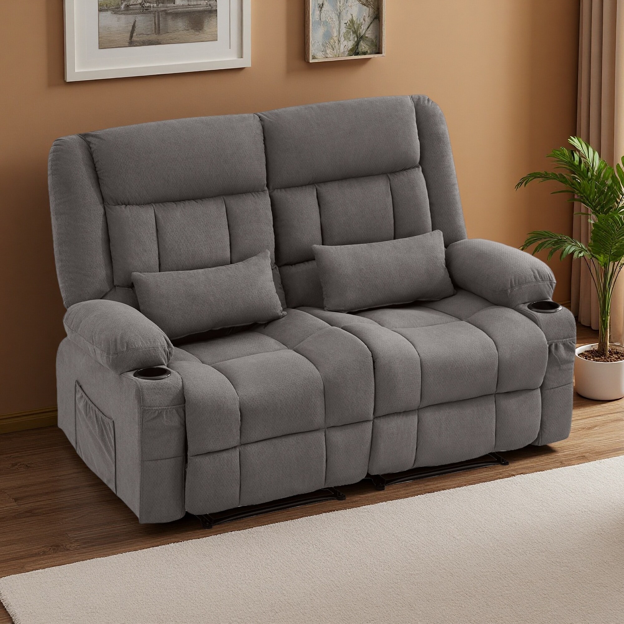 Fabric Manual Reclining Loveseat with Cup Holders and Side Pocket