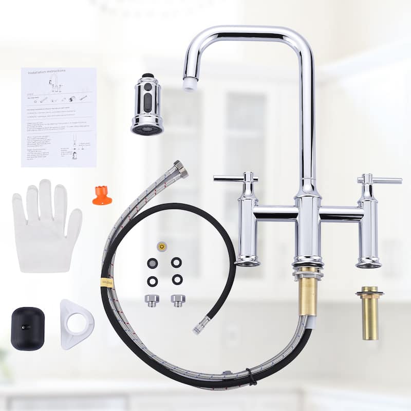 WOWOW Double Handle Bridge Kitchen Faucet with Advanced Spray