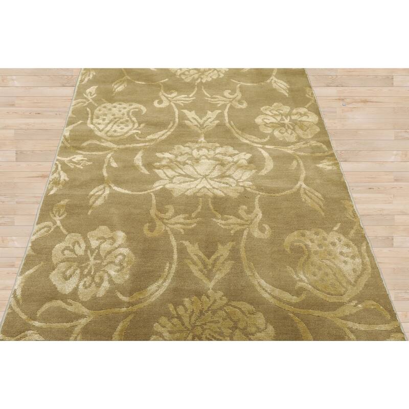 Tone on Tone Green Hand Knotted Botanical Tibetan Rug 2'11"x11'10" - 2' 11'' x 11' 10''