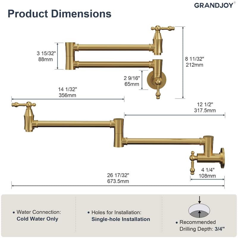 GRANDJOY Wall‑Mount Pot Filler Faucet with Dual Handle Control,High Flow Cold Water Faucet for Stove, Foldable Design