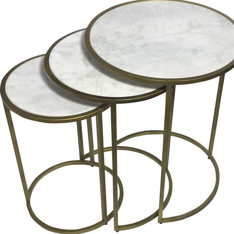 HomeRoots Set of Three White and Antiqued Gold Marble and Iron Round Frame Nested Tables - 17.5 in. x 22 in. x 17.5 in.