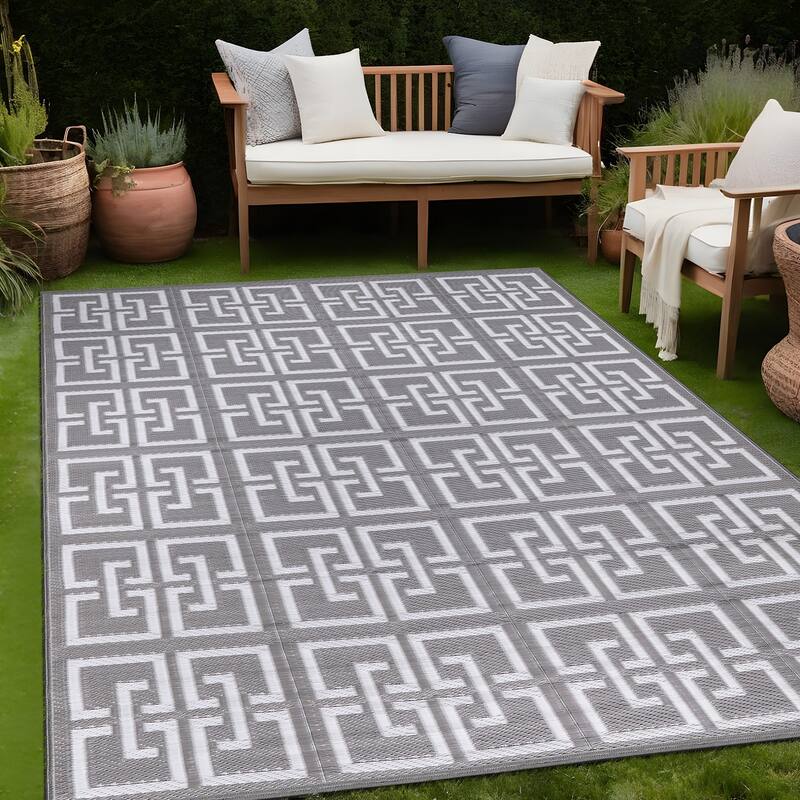 Beverly Rug Geometric Greek Key Outdoor Rug Waterproof for Patio, RV Camping - 5x7 - Grey