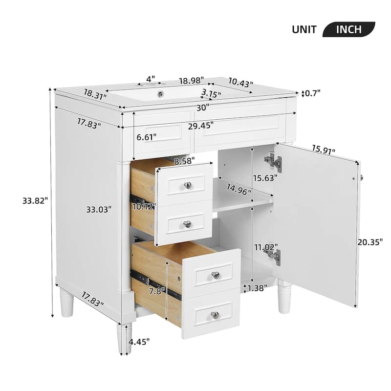 Modern 30" Bathroom Vanity Cabinet with Sink, 2 Drawers, Soft Close Door & Solid Wood Legs