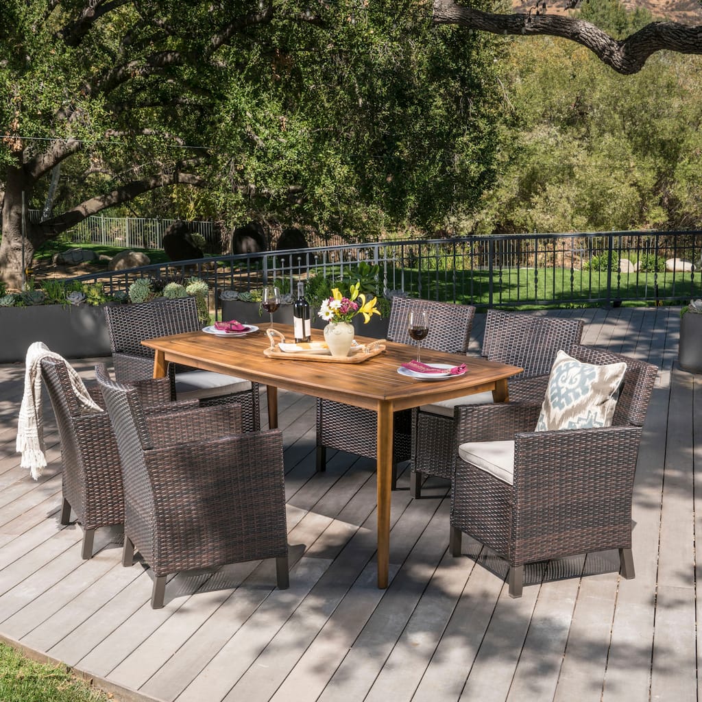 Reese Outdoor 7-piece Rectangular Wicker Wood Dining Set with Cushions by Christopher Knight Home