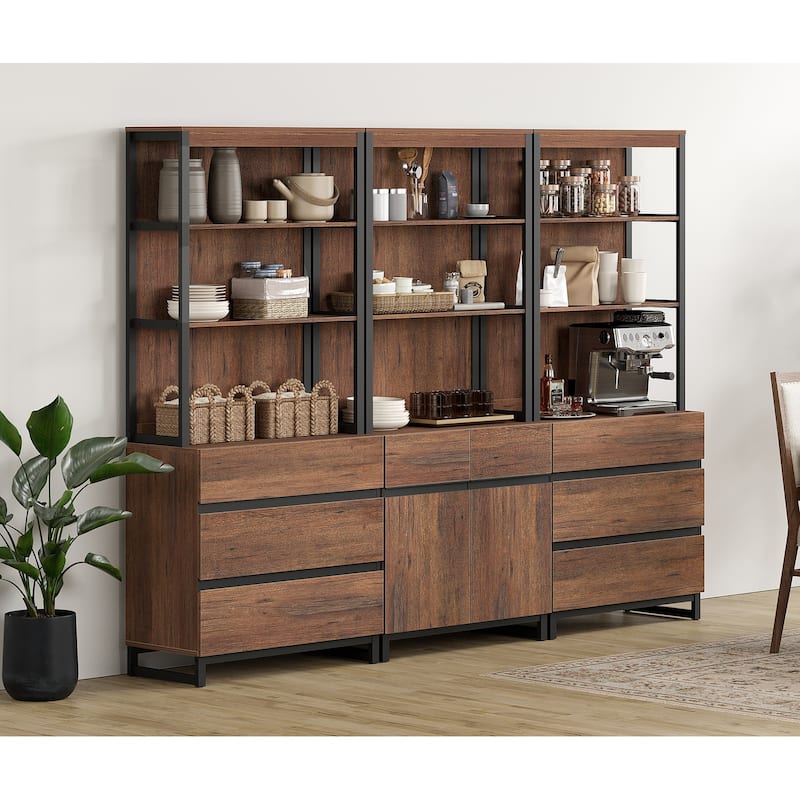 WAMPAT 3-Piece Modern 72" Tall Bookcase with 6 Drawers and Adjustable Shelves