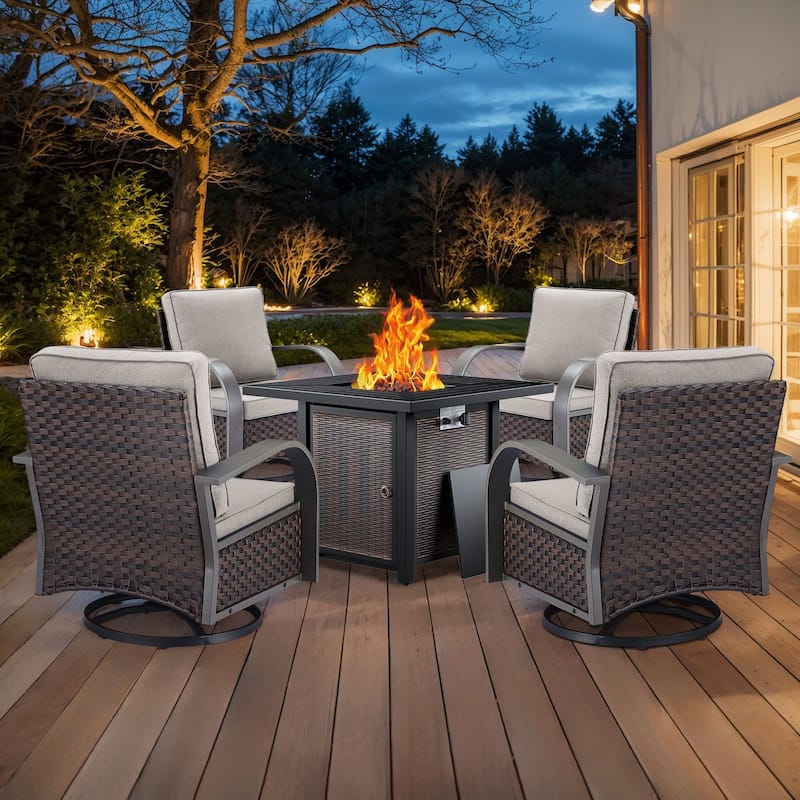 Outdoor Patio Chair with Fire Pit Table Set - Brown Rattan - Beige Cushion - 4 Swivel Chair with Fire Table