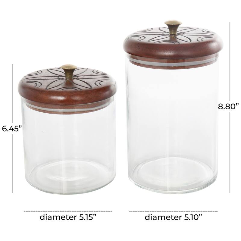 Glass Floral Carved Decorative Jars with Brown Wooden Lids and Gold Knobs - Set of 2 Clear - Roche River Decor - 5"W x 5"L x 9"H