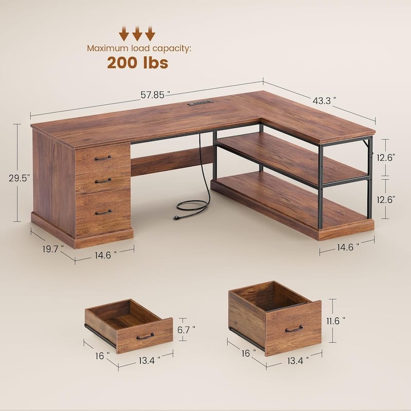 L Shaped Desk Drawers Storage Shelves Executive Home Office Desk