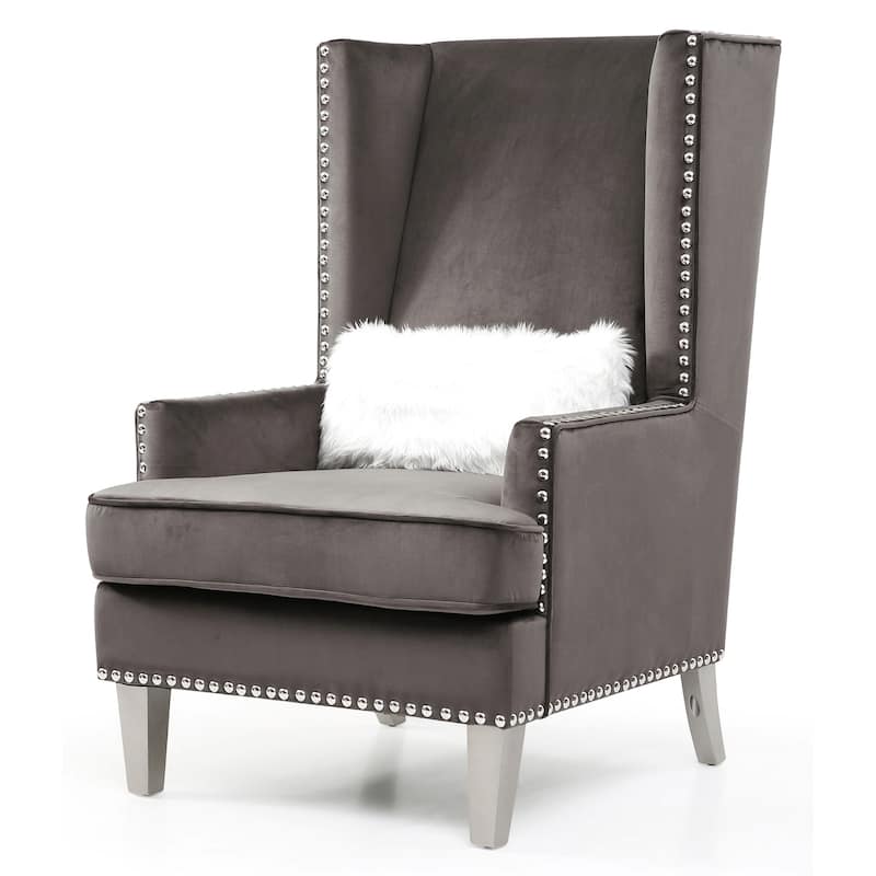 High Back Velvet Accent Chair with Fur Pillow - 47" - Gray