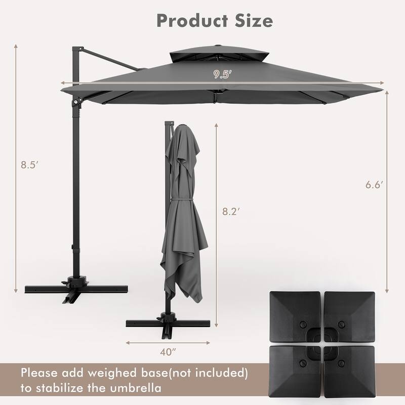 Gymax Patio 9.5FT Square Cantilever Offset Umbrella Double Vented